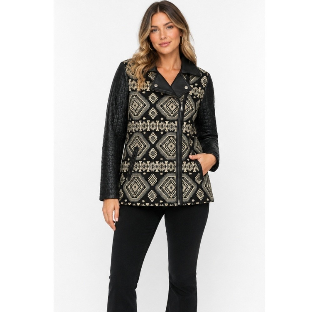 Yoki Women Small Moto Jacket Tapestry Geometric Quilted Faux Leather Boho Biker